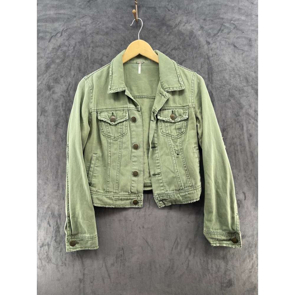 Free People Sage Green Distressed Cropped Denim Trucker Jacket Size 6